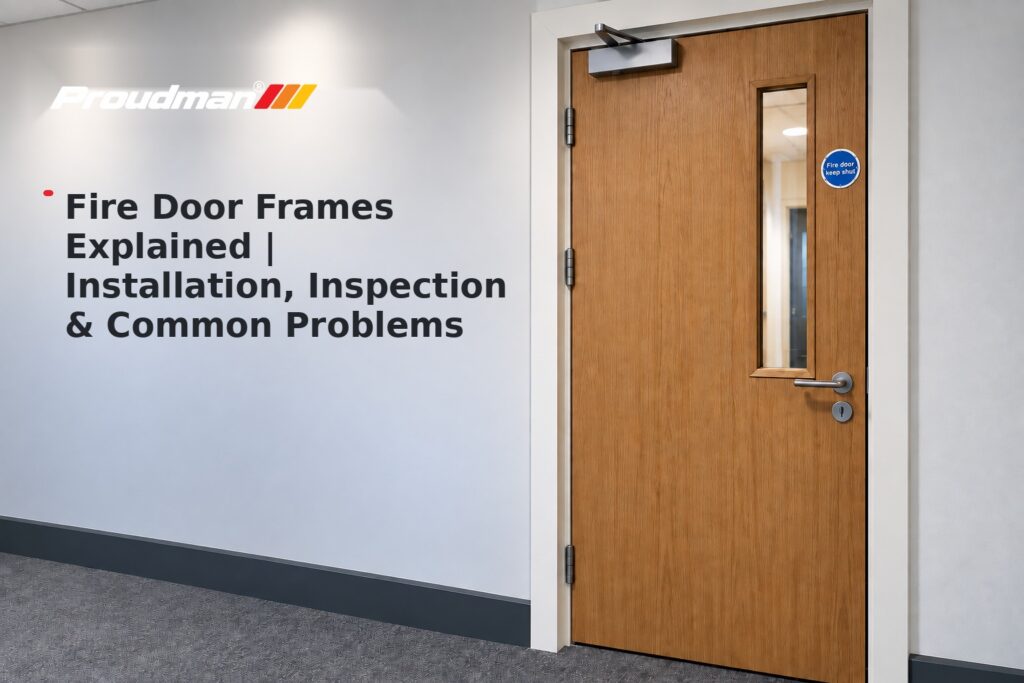 Fire door frame graphic showing a fire door and frame for installation and inspection.