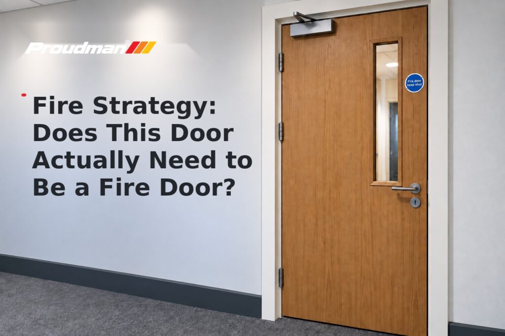 Fire strategy and fire door assessment graphic showing a commercial fire door and doorset.