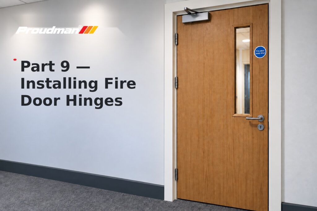 Fire door, frame and hinges shown during hinge installation and alignment.