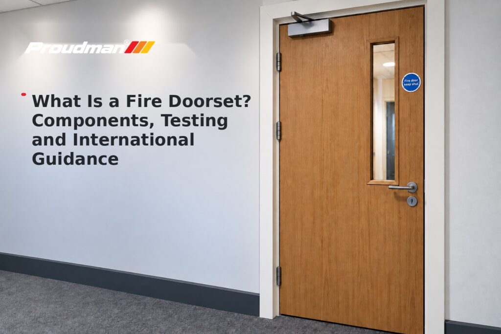 Fire doorset graphic showing a complete fire door and frame assembly.