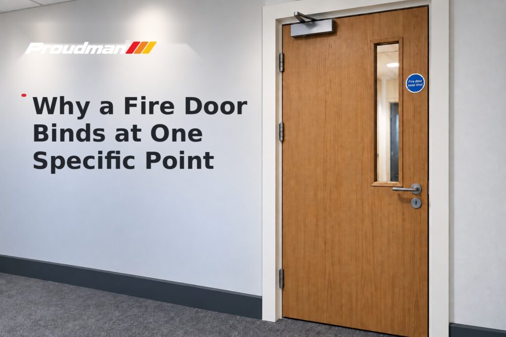Fire door fault finding graphic showing a fire door and doorset for diagnosing a binding point.