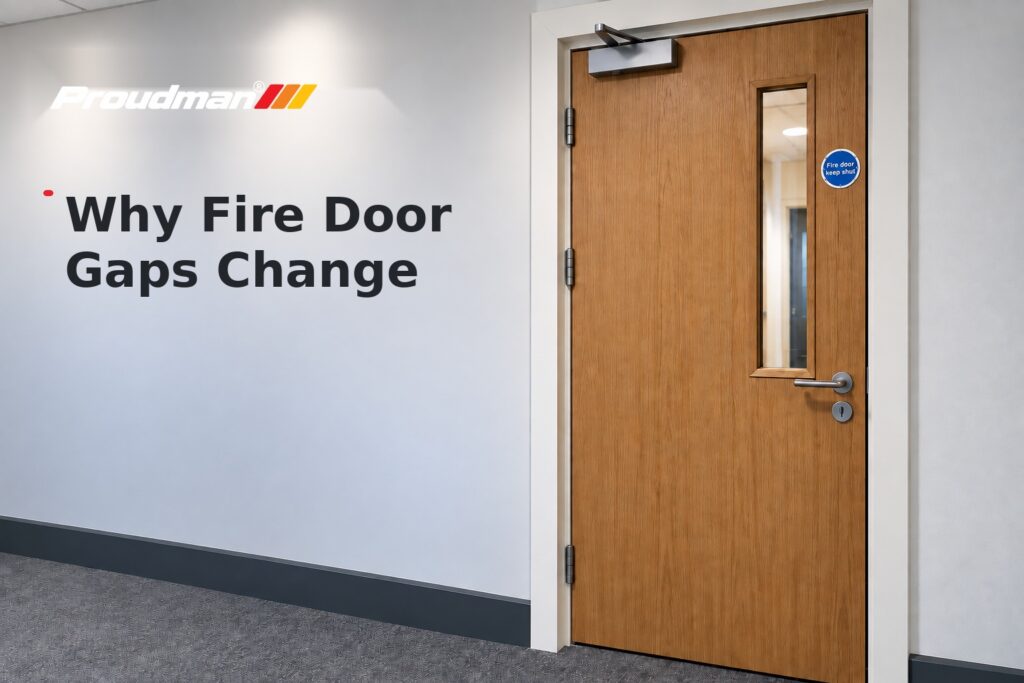 Fire door gap inspection graphic showing a fire door and doorset for understanding changing gaps.